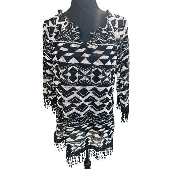 Ali Miles Black White Geometric Semi Sheer Knit Top Tassel Trim S Resort Coverup - Picture 2 of 10